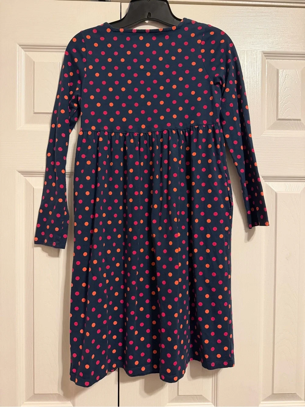 Land’s End Navy Long-Sleeve Dress with Pink and Coral Polka Dots and Pockets